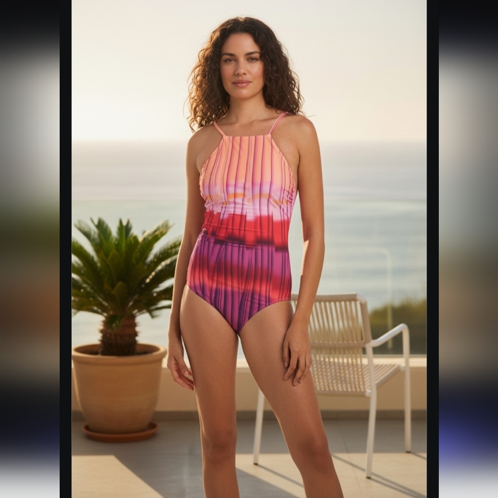 NWT GOTTEX Women's Golden Hour High Neck Printed One-Piece Swimsuit Size-8